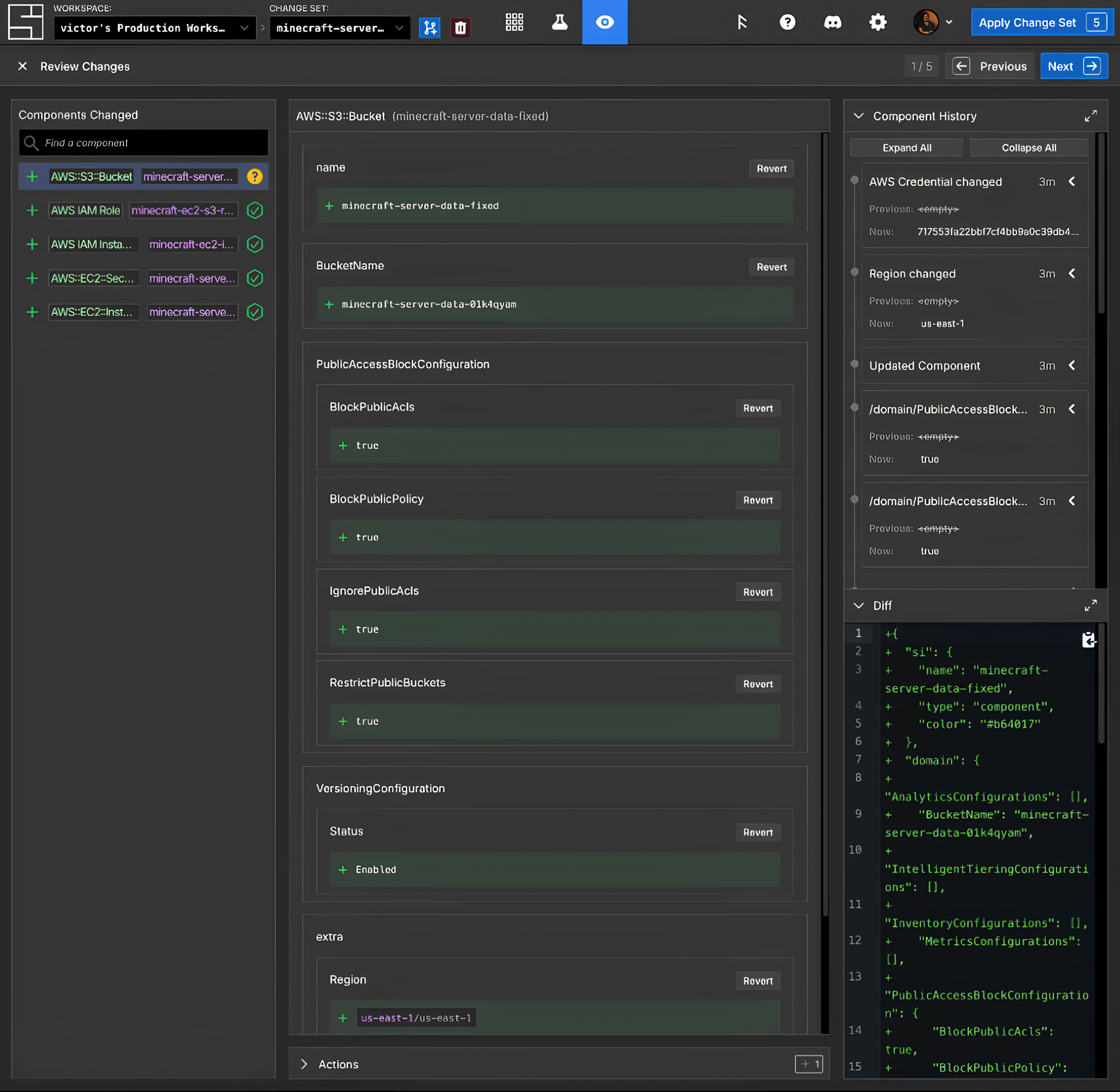 Review screen with 5 added components